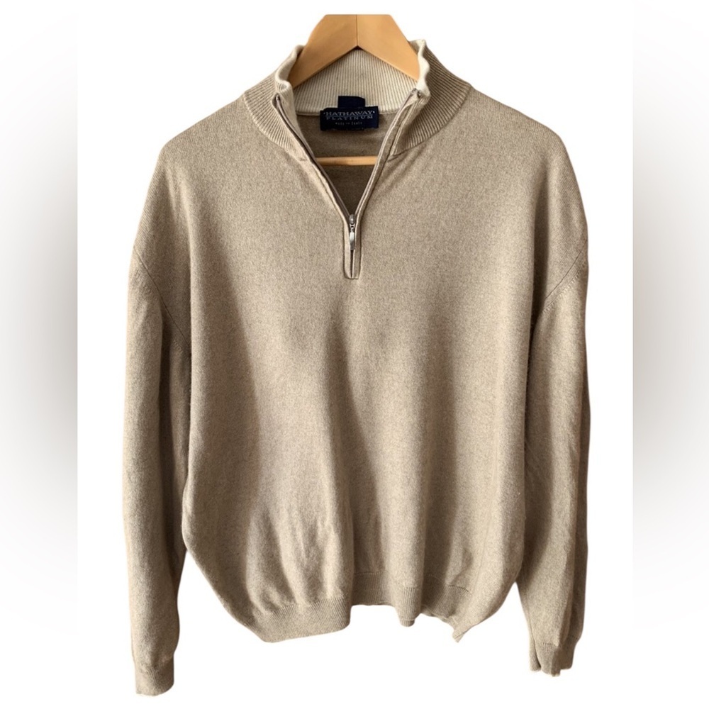 CASHMERE SILK HATHAWAY Men’s Quarter Zip Jacket Coat Size LG Tan Quiet Luxury